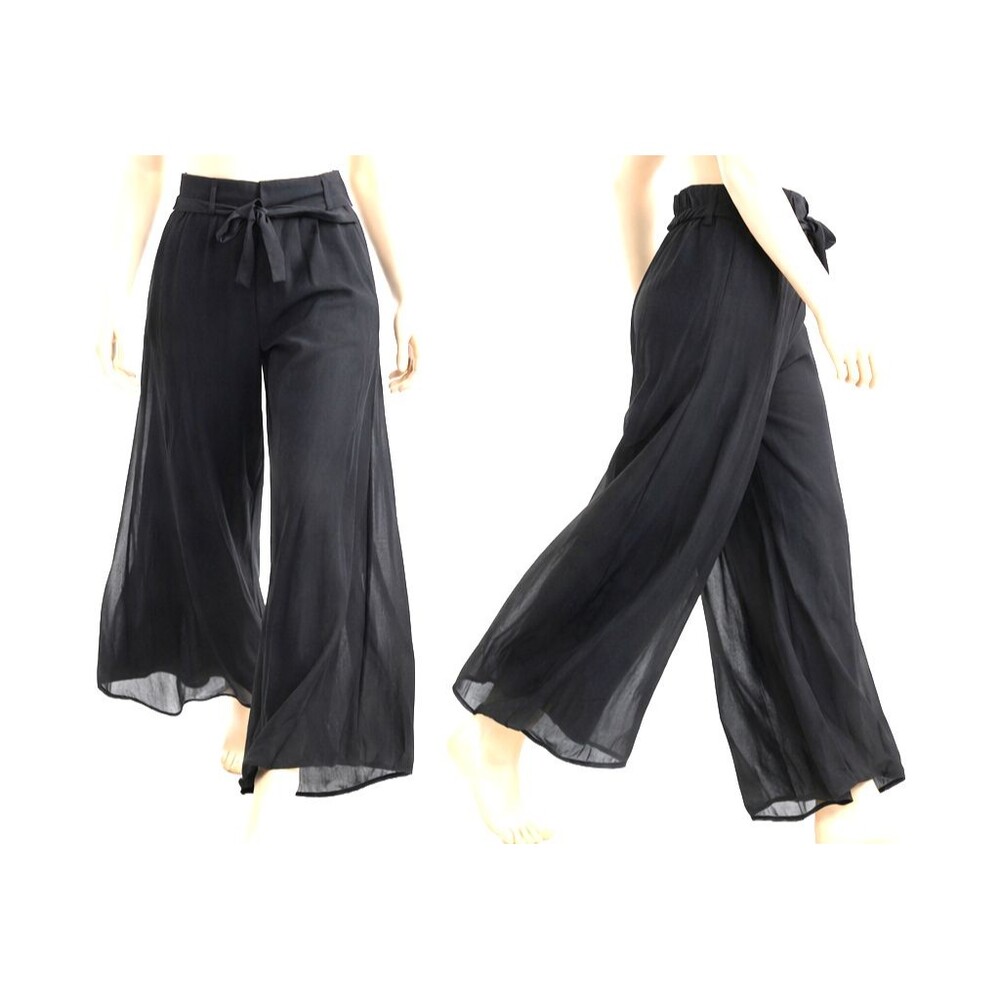 EY Signature Chiffon Sheer Wide Leg Pants Lined Blk TieWaist Eveningwear Palazzo